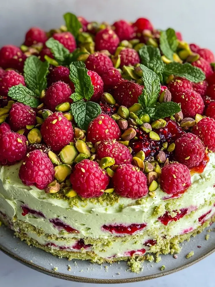 Pyzny Tort Pistacjowy z Malinami i Kremem Mascarpone.