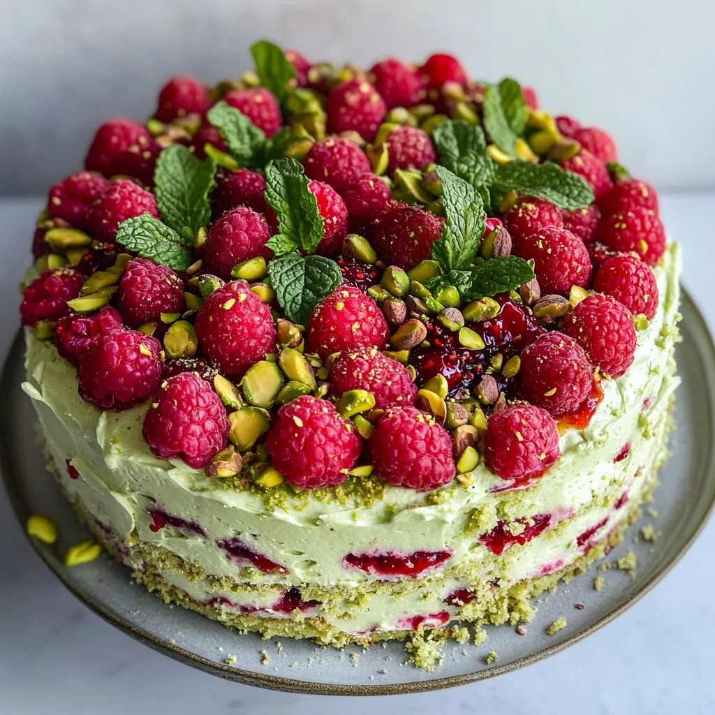Tort Pistacjowy z Malinami i Kremem Mascarpone.