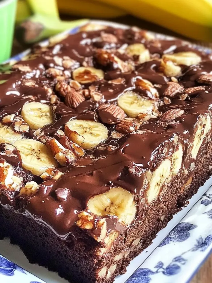 Cake z bananami i walnutami, pokryte czekoladą.